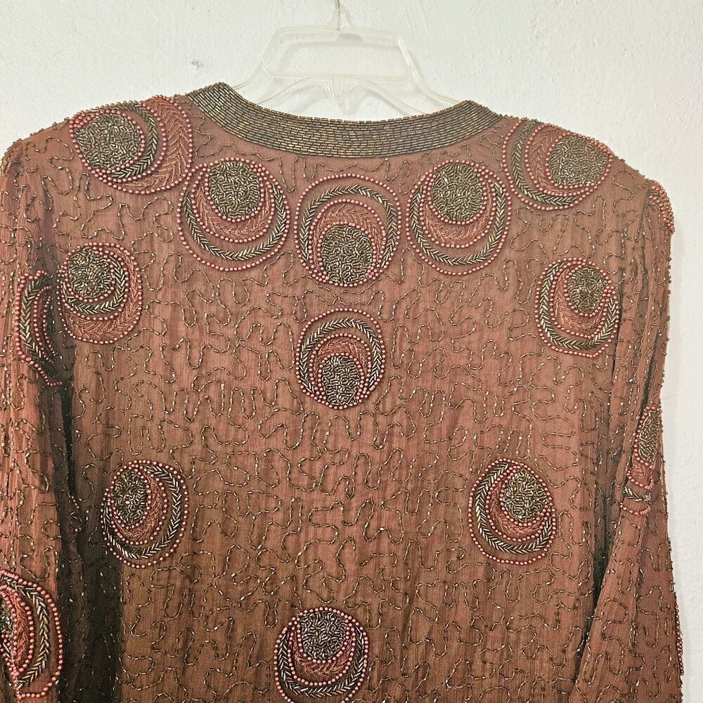 Vintage Women's Beaded Brown Jacket 100% Pure Silk Elegant Size 1X - Picture 5 of 8